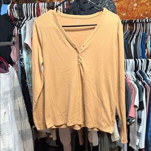 GAP Camel Ribbed Long Sleeve Henley Top V-Neck Button Front Relaxed